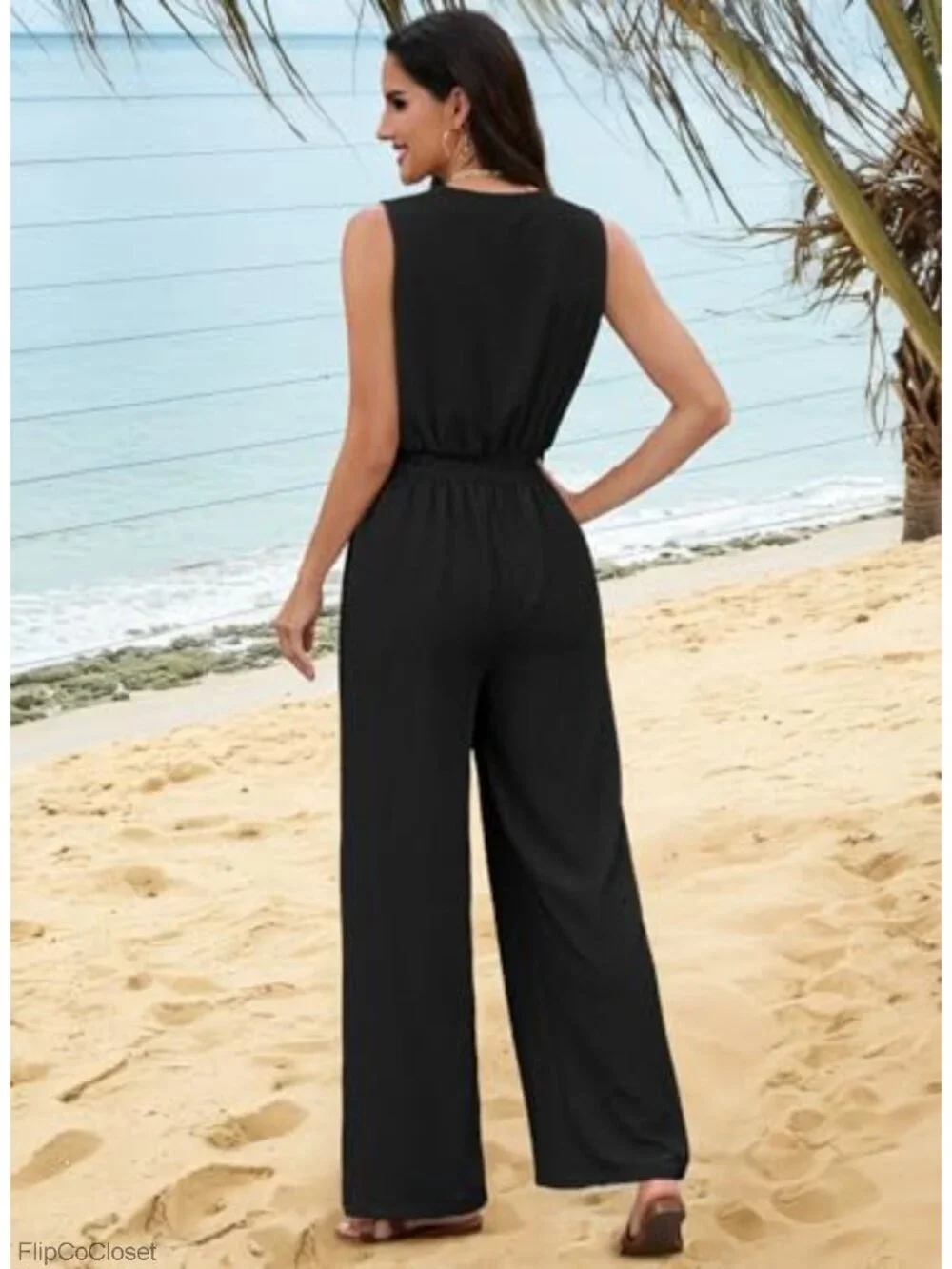Sleeveless V Neck Tie Front Wide Leg Jumpsuit Romper with Pockets
